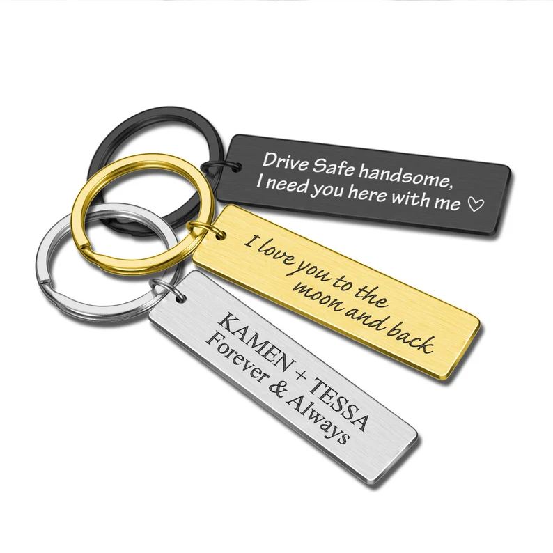 Personalised Text Names Date Keyring Steel Silver Black Gold Keychain