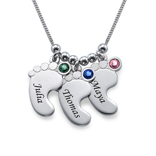 Baby Feet Necklace with 5 feets Birthstones