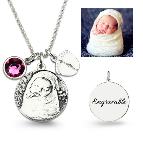 Birthstone Photo Necklace with Baby Feet - Silver